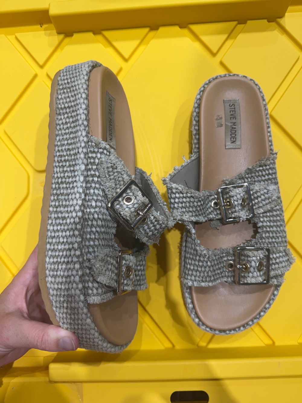 Steve Madden Woven Double Buckle Slides in Taupe